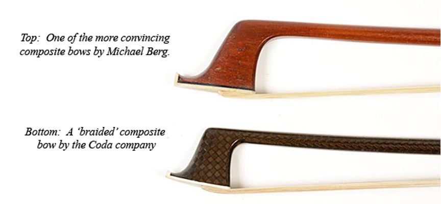 Wooden look carbon fibre Violin bow with black carbon fibre violin bow below in contrast
