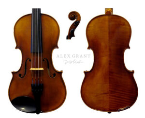 Image of Raggetti RV7 violin showing the bello, back and scroll view of the instrument