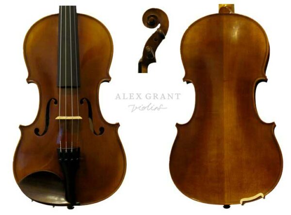 Image of Raggetti RV5 Violin showing the bellow, back adn scroll view of instrument