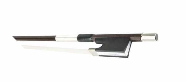 Image of a Knoll Viola bow made of brazilwood with nickel mounting and silver lapping in a Dodd style