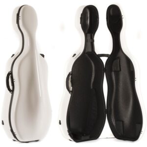 Brack brand cello case show in open and closed view, standing up
