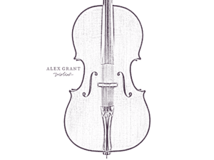 Cello image with a complete set-up of strings, bridge and fingerboard.